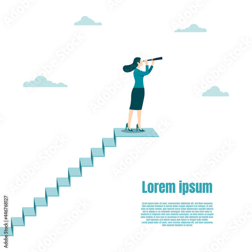 Businesswoman holding telescope standing on top of the staircase