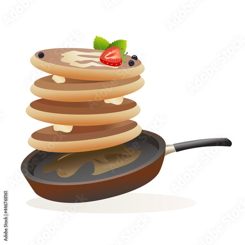 Cooking pancakes in a frying pan, covered with icing and seasonal berries. Vector picture in cartoon style