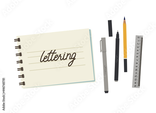 Hand-drawn sketchbook with lettering, liner, marker, ruler, pencil. Top view. Set of tools for hand lettering. Art supplies. Suitable for art tools shops, art courses. Flat vector illustration.