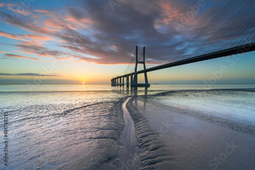 Vasco da Gama bridge over tagus river in Lisbon  Portugal  at sunrise