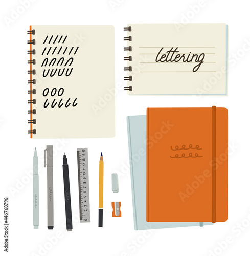 Set of tools for hand lettering. Hand-drawn sketchbooks, pencil, liner, marker, pencil sharpener, eraser, ruler. Top view. Art supplies. Vector flat illustration, isolated on white. Exercises.