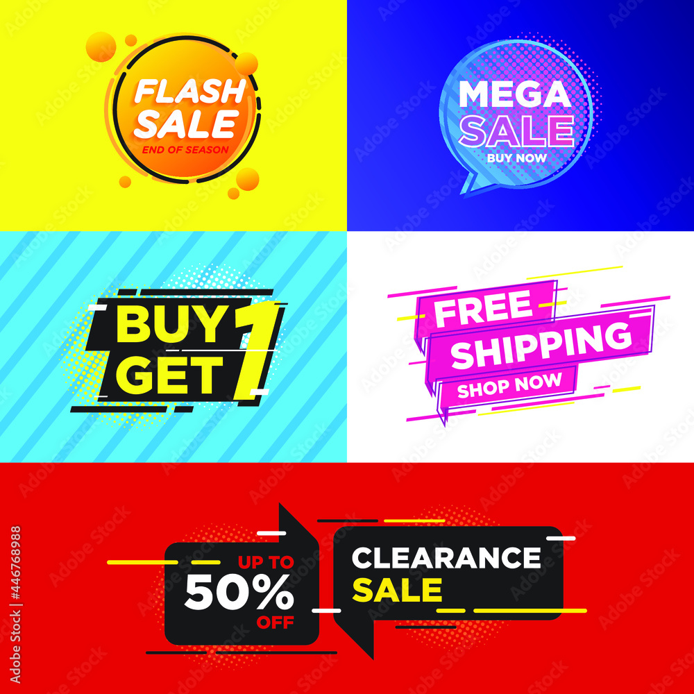 Set of colorful design sale stickers. Vector illustrations for online shopping, product promotions, website and mobile website ads, badges and print material.