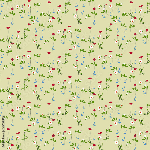 Pattern with camomiles and poppies. In the style of the 60s. Gift paper . Linens. Factory textiles. Vector . Seamless pattern with flowers .