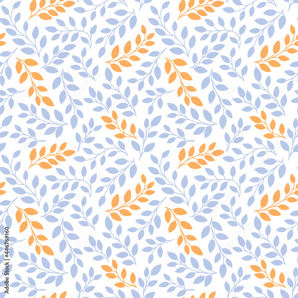 Seamless pattern with blue and yellow leaves and branches on a white background. Vector illustration in simple scandinavian cartoon style