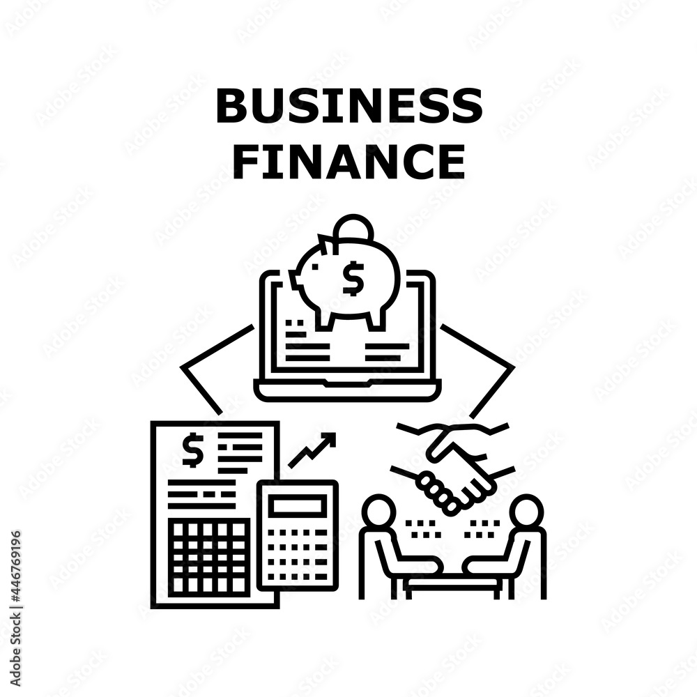 Business Finance Vector Icon Concept. Business Finance Counting Income And Expanse, Researching Annual Financial Report And Audit. Investment And Safe Money In Piggy Bank Black Illustration