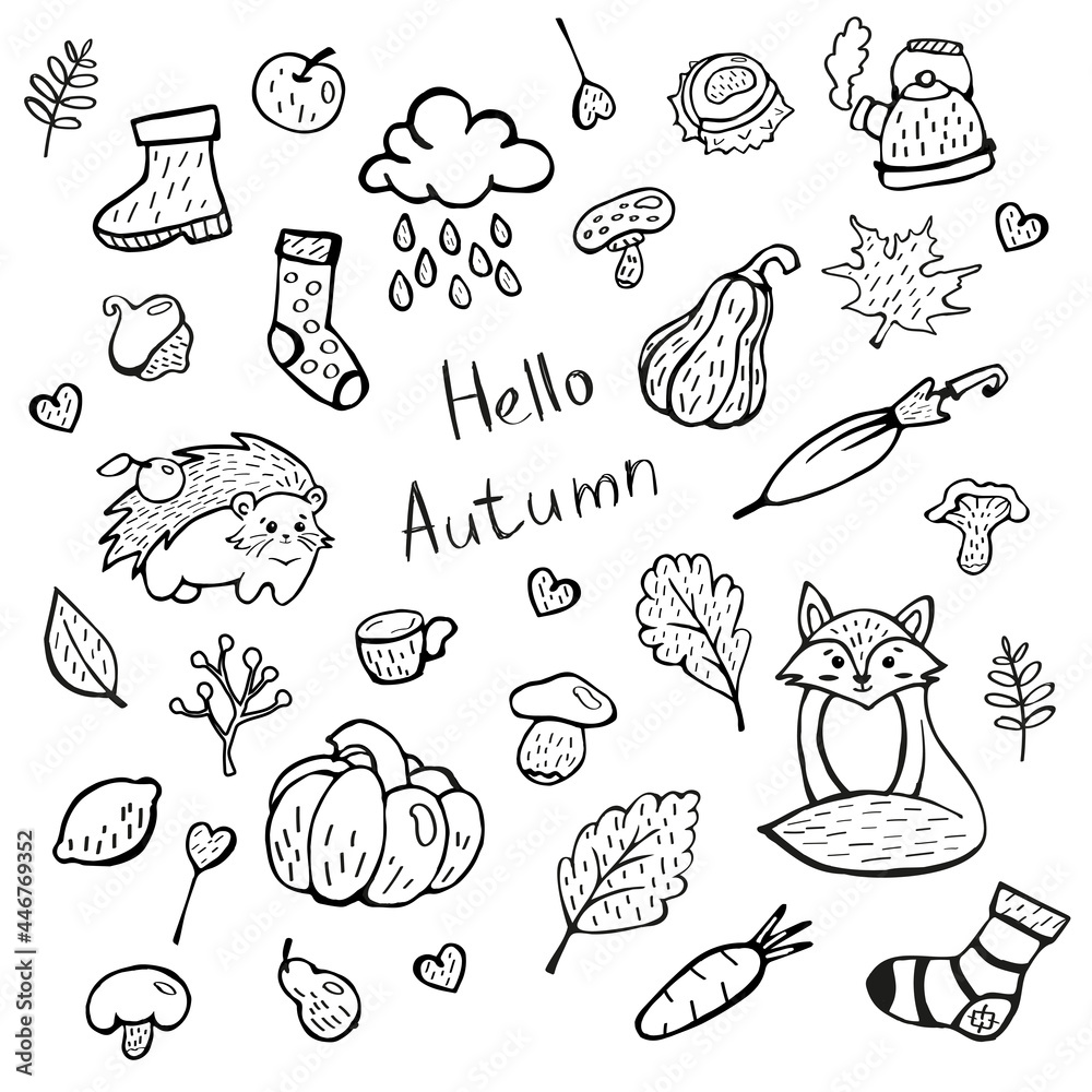 Cute fall doodle set with acorns. Hello Autumn. Cute hand drawings on the theme of autumn, fox, hedgehog, mushrooms, leaves, teapot, tea, heart, acorn. Black and white. Cute fall doodle set with acorns. Hello Autumn. Cute hand drawings on the theme of autumn, fox, hedgehog, mushrooms, leaves, teapot, tea, heart, acorn. Black and white.