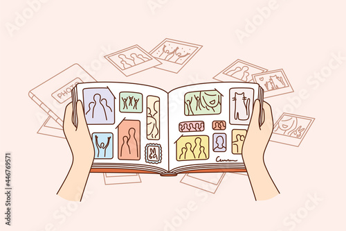 Good memories and photos concept. Flat-lay of human hands holding photo album with family photos and sweet memories with precious moments vector illustration 