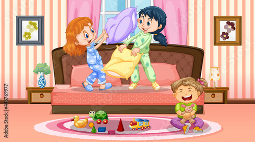 Children playing in the bedroom scene