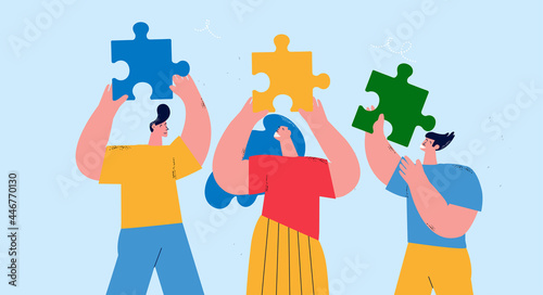 Teamwork and team building, corporate organization and partnership, problem solving, creative solution, innovative business approach, brainstorming, unique ideas and skills flat vector illustration