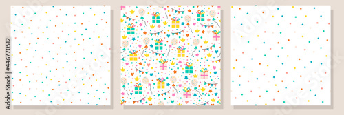 Wallpaper Mural Baby birthday seamless pattern set. Backgrounds with presents, garlands, stars and hearts in nordic style and bright colors Torontodigital.ca
