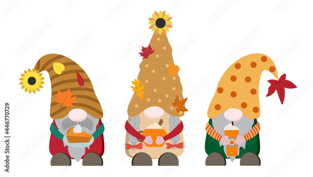 Fototapeta premium Cartoon flat autumn vector gnomes with orange pumpkin mug, spice latte cup, slice of pie on plate. Isolated on white background. Great for print, card. Fun autumn art.
