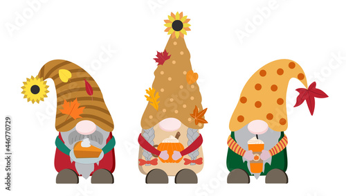 Cartoon flat autumn vector gnomes with orange pumpkin mug, spice latte cup, slice of pie on plate. Isolated on white background. Great for print, card. Fun autumn art.