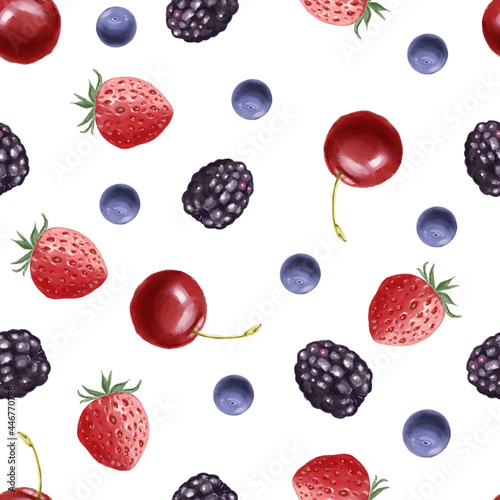 Fototapeta Naklejka Na Ścianę i Meble -  Berries seamless pattern isolated on white. Cherry, blackberry, blueberry, strawberry. Design for card, wallpaper, textile, fabric