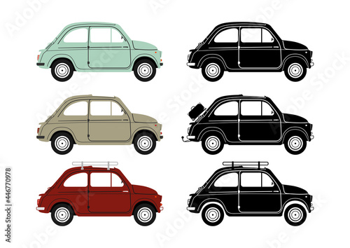 Set of small vintage cars. Side view. Flat vector.