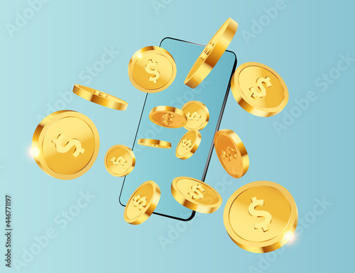 Dollars gold coins  flying from the phone on blue background