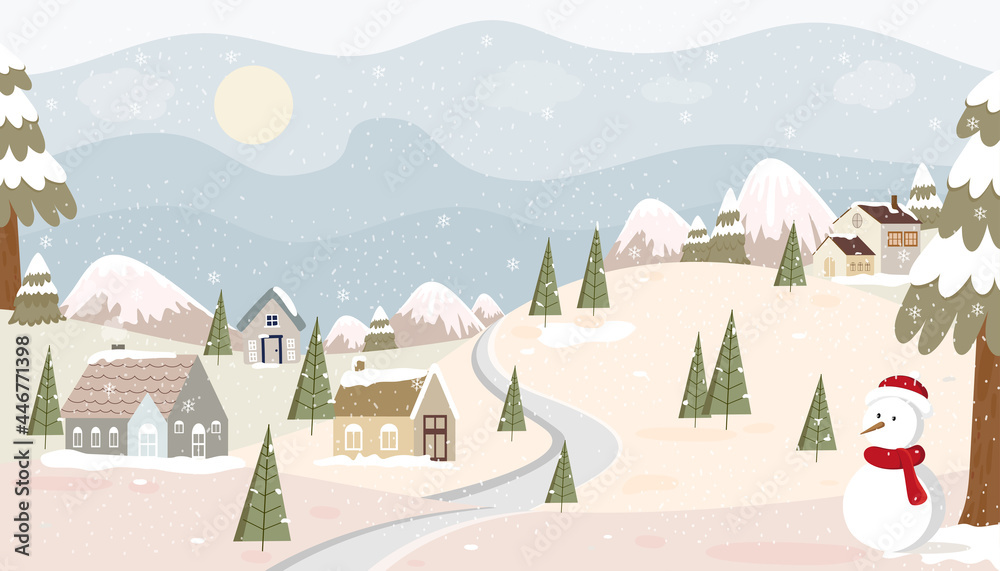 Cute Christmas greeting card of winter wonderland landscape in village,Vector illustration background Panorama small town in countryside landscape in village farm house pine tree and snow man.