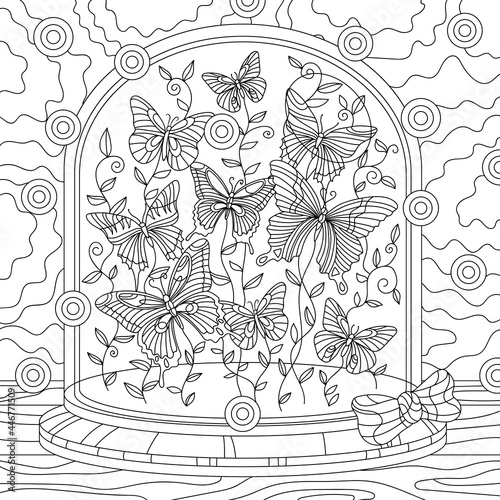 Decorative butterflies with botany under the souvenir glass vector. Coloring book page for adult with doodle and zentangle elements.