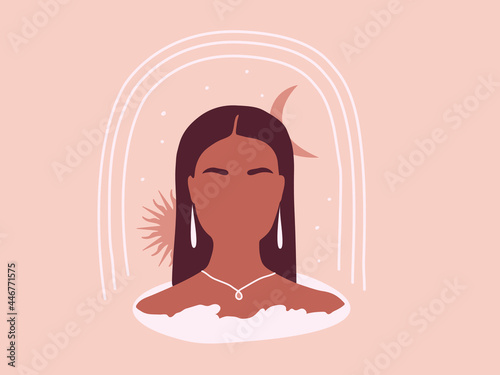 Abstract hand-drawn beautiful african american woman with silver jewelry. Flat vector illustration with mystical star, moon and clouds in trendy celestial style