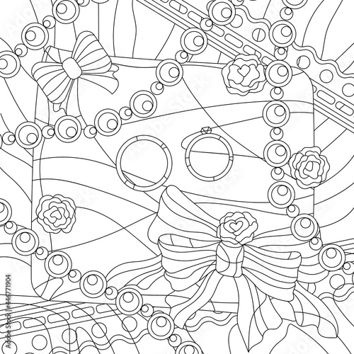 Wedding rings with roses and jewelry on decor pillow. Coloring book page for adult with doodle and zentangle elements for antistress. Vector illustration.