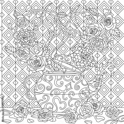 Luxury teapot with flowers and aroma on ornament background. Vector coloring book page for adult with doodle and pattern elements.