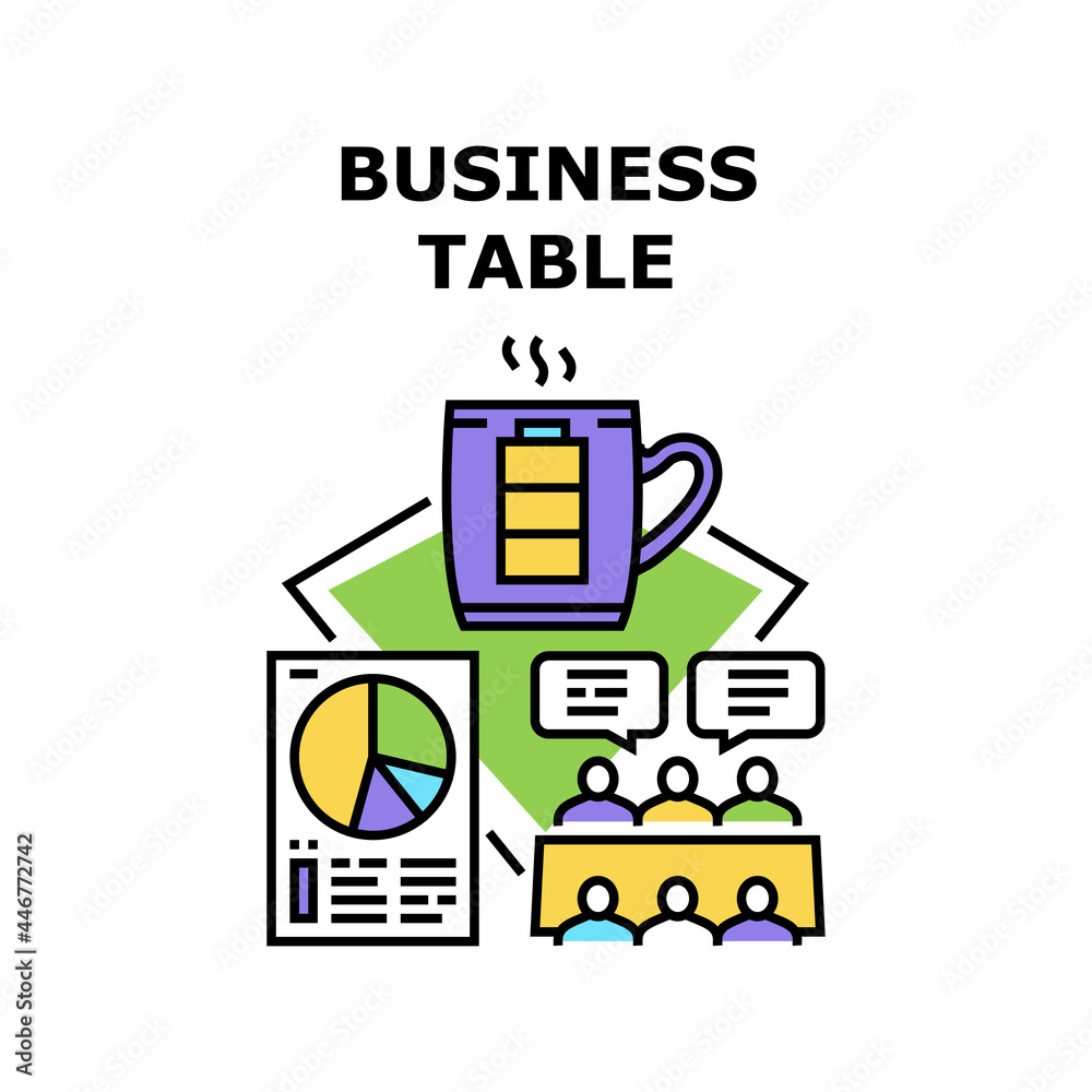 Fototapeta premium Business Table Vector Icon Concept. Business Table For Conference Meeting And Brainstorming With Employees, Project Presentation And Drinking Coffee Energy Drink And Color Illustration