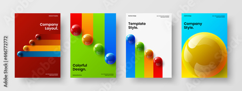 Premium magazine cover A4 vector design layout set. Geometric 3D spheres handbill template collection.
