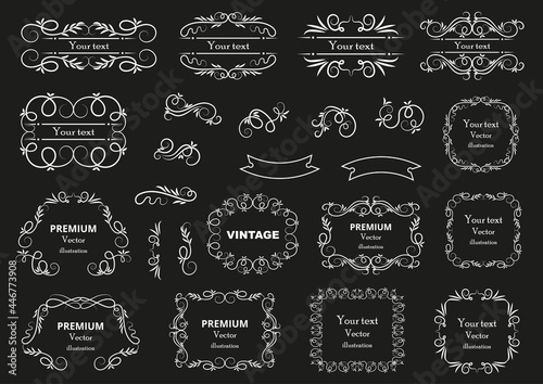 Calligraphic design elements . Decorative swirls or scrolls, vintage frames , flourishes, labels and dividers. Retro vector illustration