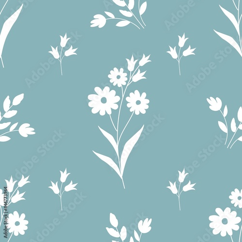White flowers and leafs on a light blue background. Seamless vector pattern