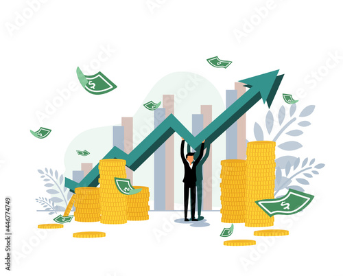 A cyprocurrency investor gain higher money cartoon flat vector illustration. Earning on cryptocurrency. A business holding a rising arrow with a pile of coin as a background. Cryptocurrency finance.