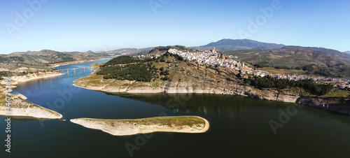 Panoramic of Iznajar and its swamp seen from drone