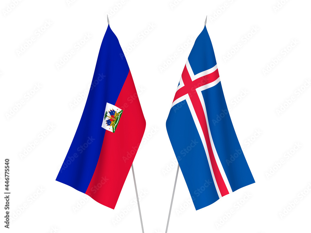 National fabric flags of Iceland and Republic of Haiti isolated on white background. 3d rendering illustration.