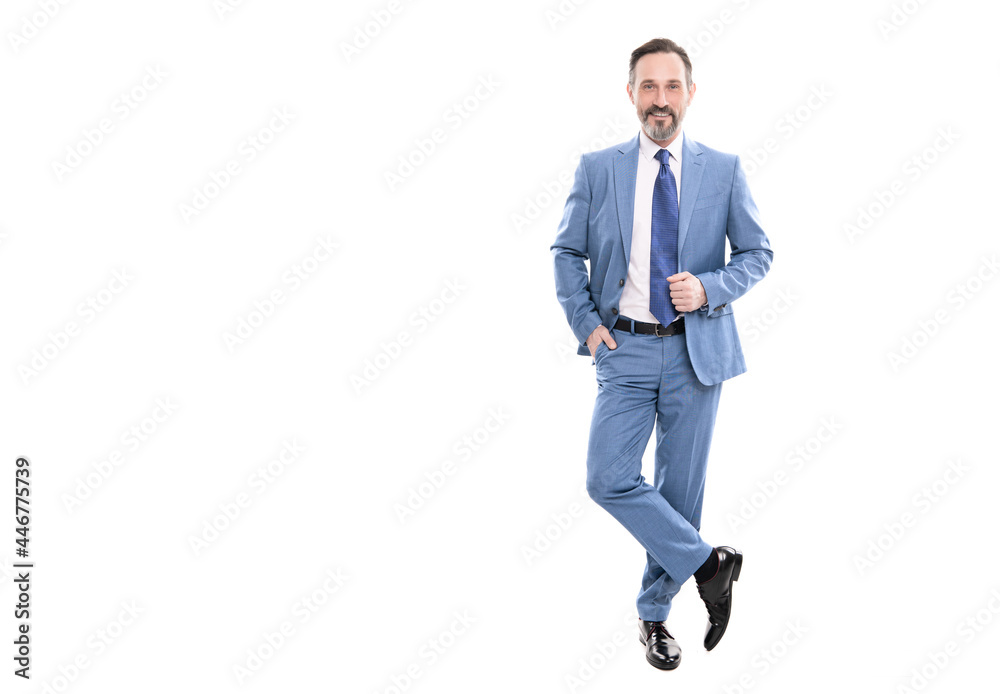 happy grizzled businessman in suit full length isolated on white copy space, business fashion. happy grizzled businessman in suit full length isolated on white copy space, business fashion.