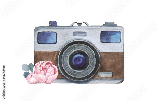 Watercolor hand drawn retro camera with pink flower. Suitable for logos  postcards and any of your designs
