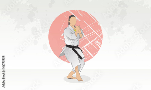 A woman doing a karate exercise. Light gray abstract background.