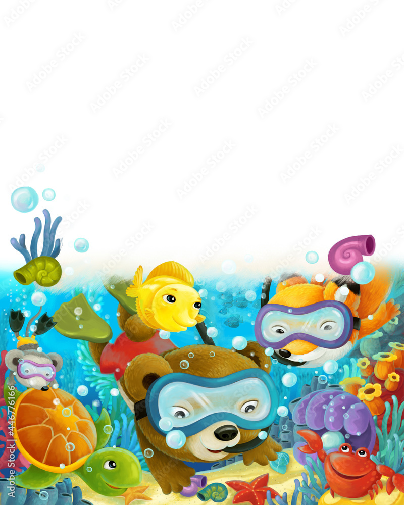 cartoon forest animal diving on coral reef illustration
