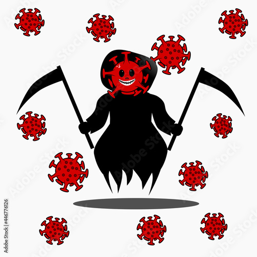 vector illustration of death angel with corona virus face holding a death scythe axe