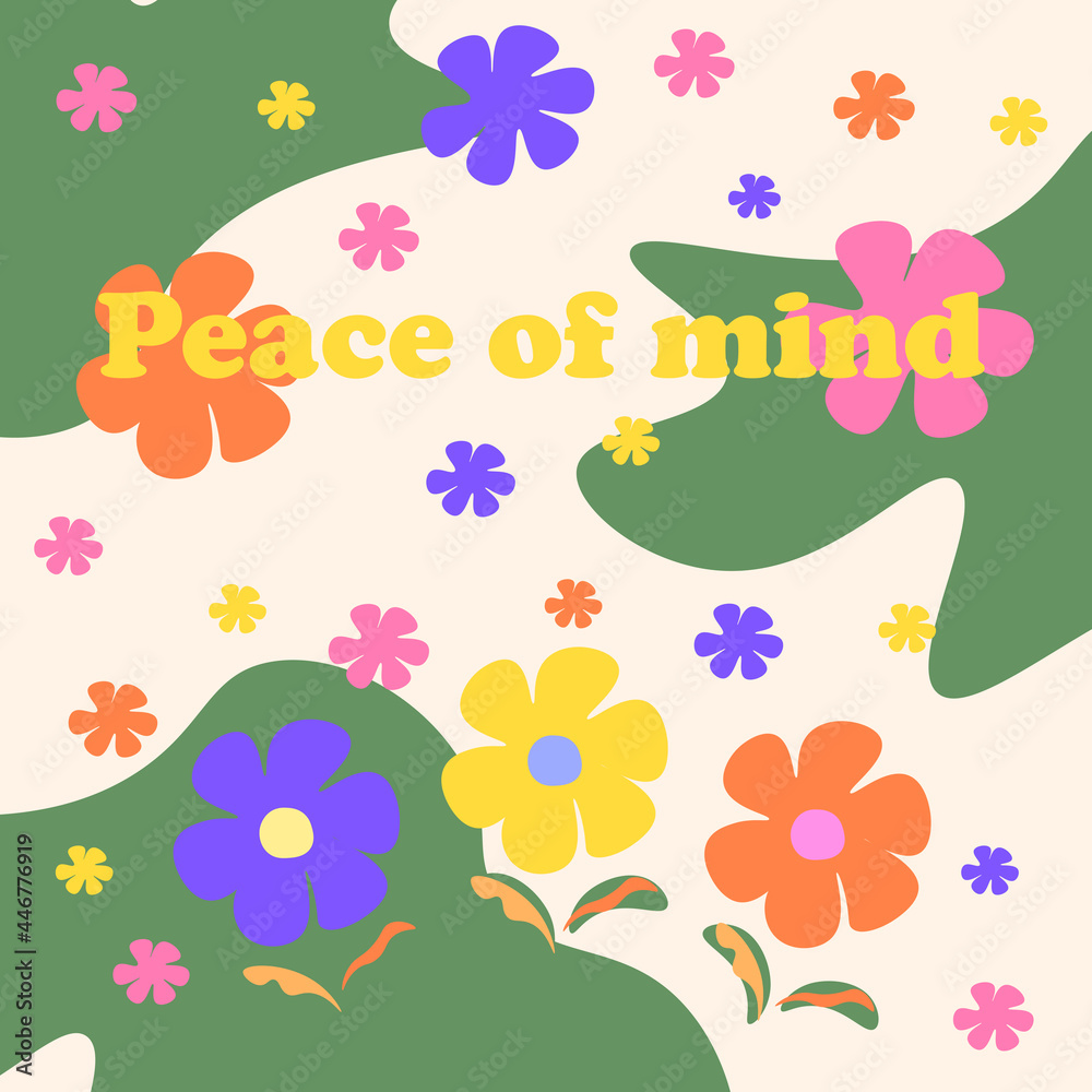 Hippie wallpaper with colorful flowers 'Peace of mind' Stock Vector | Adobe  Stock