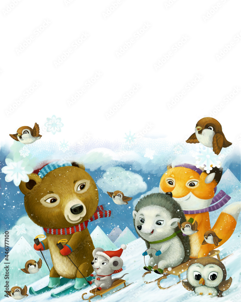 Fototapeta premium cartoon forest animals skiing winter sports illustration