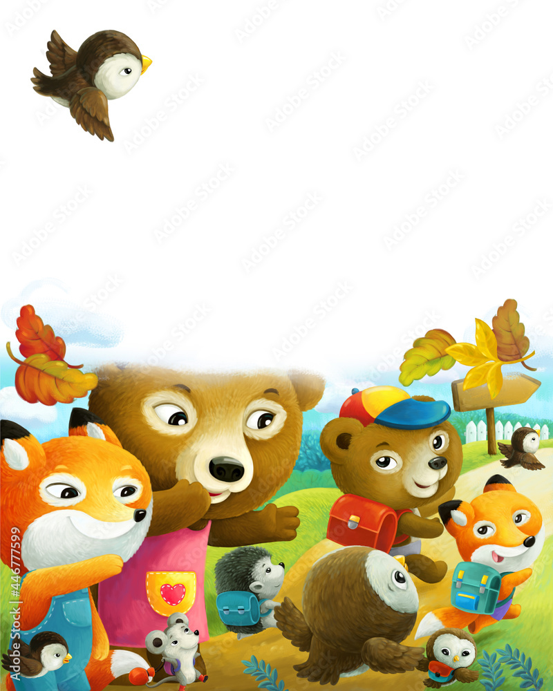 Fototapeta premium cartoon forest animals parents sending kids to school
