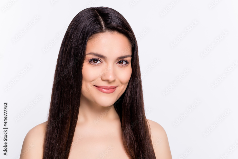Photo of beautiful woman happy positive smile salon spa treatment skincare isolated over grey color background Photo of beautiful woman happy positive smile salon spa treatment skincare isolated over grey color background