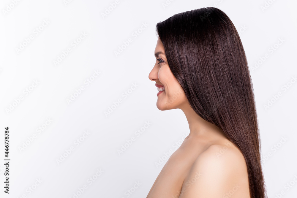 Side photo portrait brunette long hair woman laughing looking blank space isolated white color background Side photo portrait brunette long hair woman laughing looking blank space isolated white color background