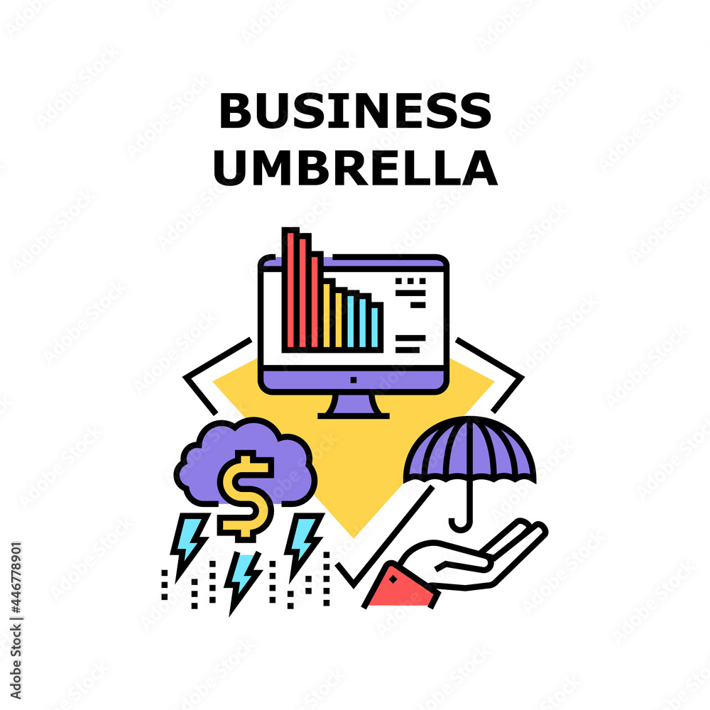 Business Umbrella Protect Vector Icon Concept. Business Umbrella Protect Accessory For Safe Company In Financial Storm Weather. Falling Finance Profit And Bankruptcy Prevention Color Illustration Business Umbrella Protect Vector Icon Concept. Business Umbrella Protect Accessory For Safe Company In Financial Storm Weather. Falling Finance Profit And Bankruptcy Prevention Color Illustration