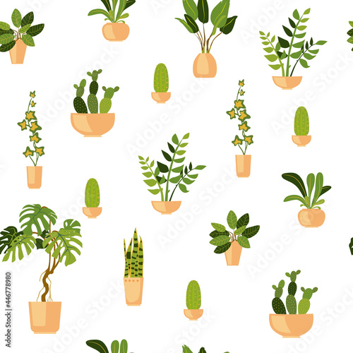 Seamless pattern of home plants in ceramic pots on a white background. Flower spring, summer pattern