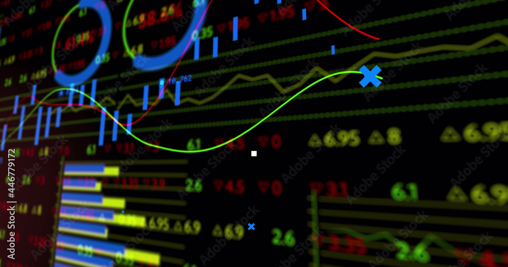 Image of blue crosses over data processing on graphs, and financial interface