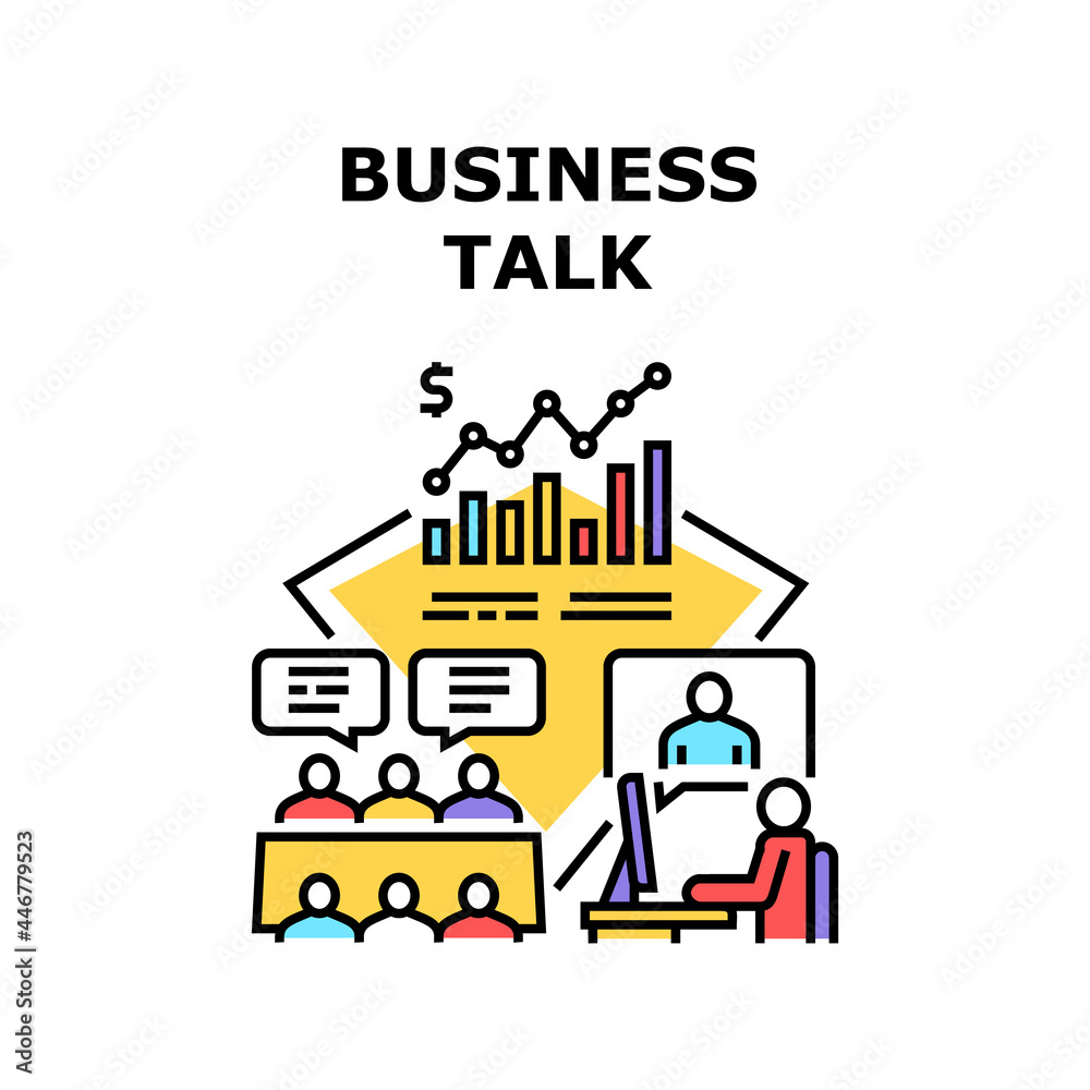 Business Talk Vector Icon Concept. Online Business Talk With Colleague Or Partner And Discussion Problem Or Agreement Conditions In Conference Room. Team Talking About Strategy Color Illustration