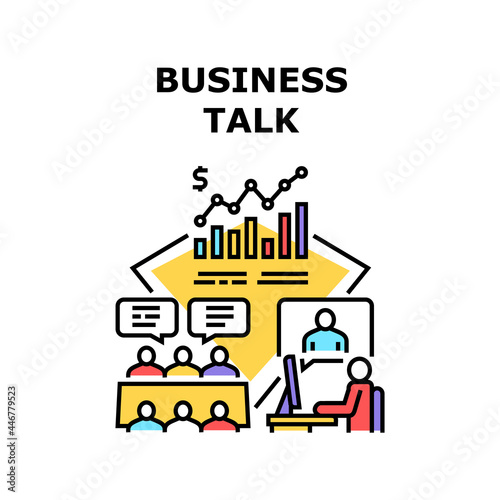 Business Talk Vector Icon Concept. Online Business Talk With Colleague Or Partner And Discussion Problem Or Agreement Conditions In Conference Room. Team Talking About Strategy Color Illustration
