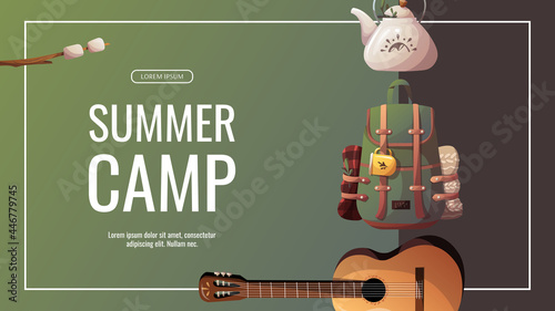 Tourist backpack, kettle, kerosene lamp, guitar. Camping, traveling, trip, hiking, camper, nature, journey, picnic concept. Vector illustration for poster, banner, flyer, advertising.