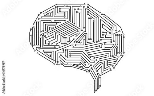 白黒の人工知能(AI)をイメージした脳の形をした電子回路