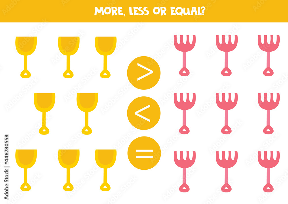 More, less, equal with rake and shovel. Math comparison. More, less, equal with rake and shovel. Math comparison.