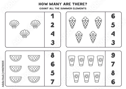 Counting game with black and white summer elements. Math worksheet.